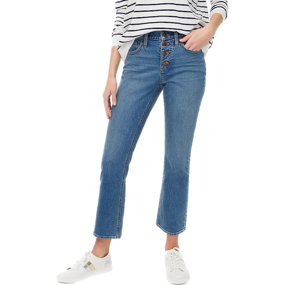 J. CREW Flare Crop Jeans Stretch Denim Button Fly Ankle Medium Wash 5 Pocket NWT